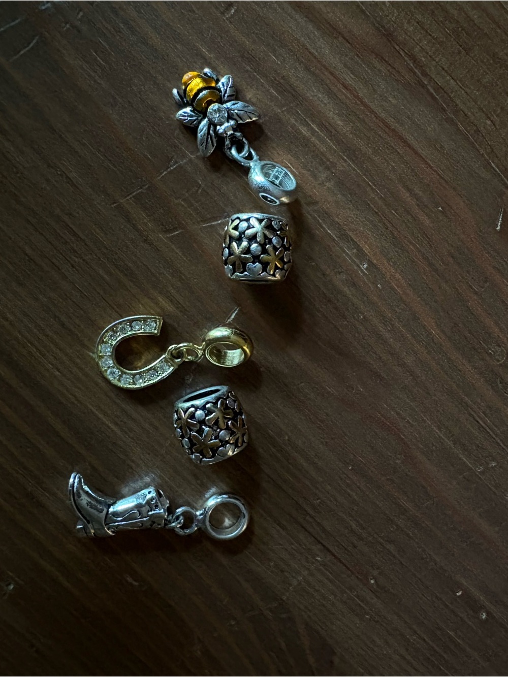 Silver and Gold Charm Set with Bee, Floral Beads, Horseshoe and Boot